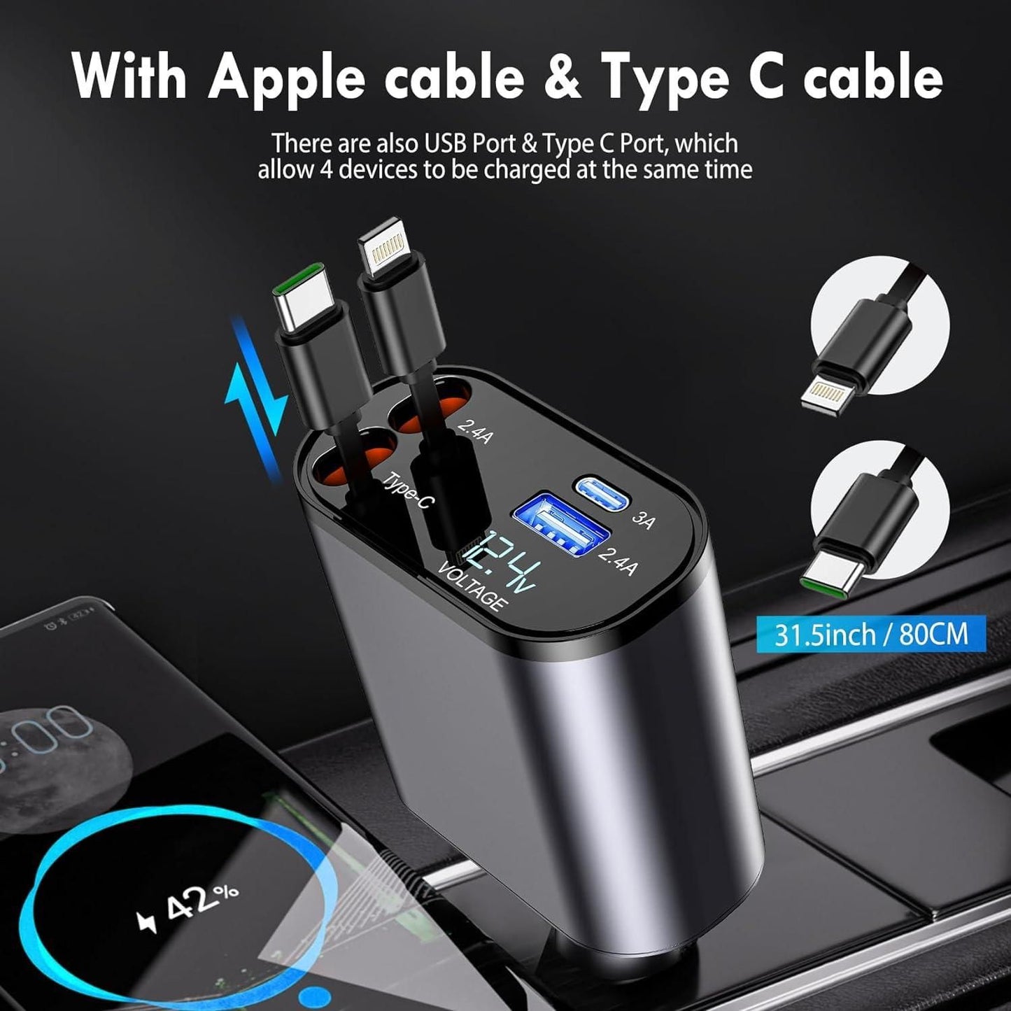 4 in 1 Retractable cables | 2 Type-C and iOS Fast Charging Car Phone Charger