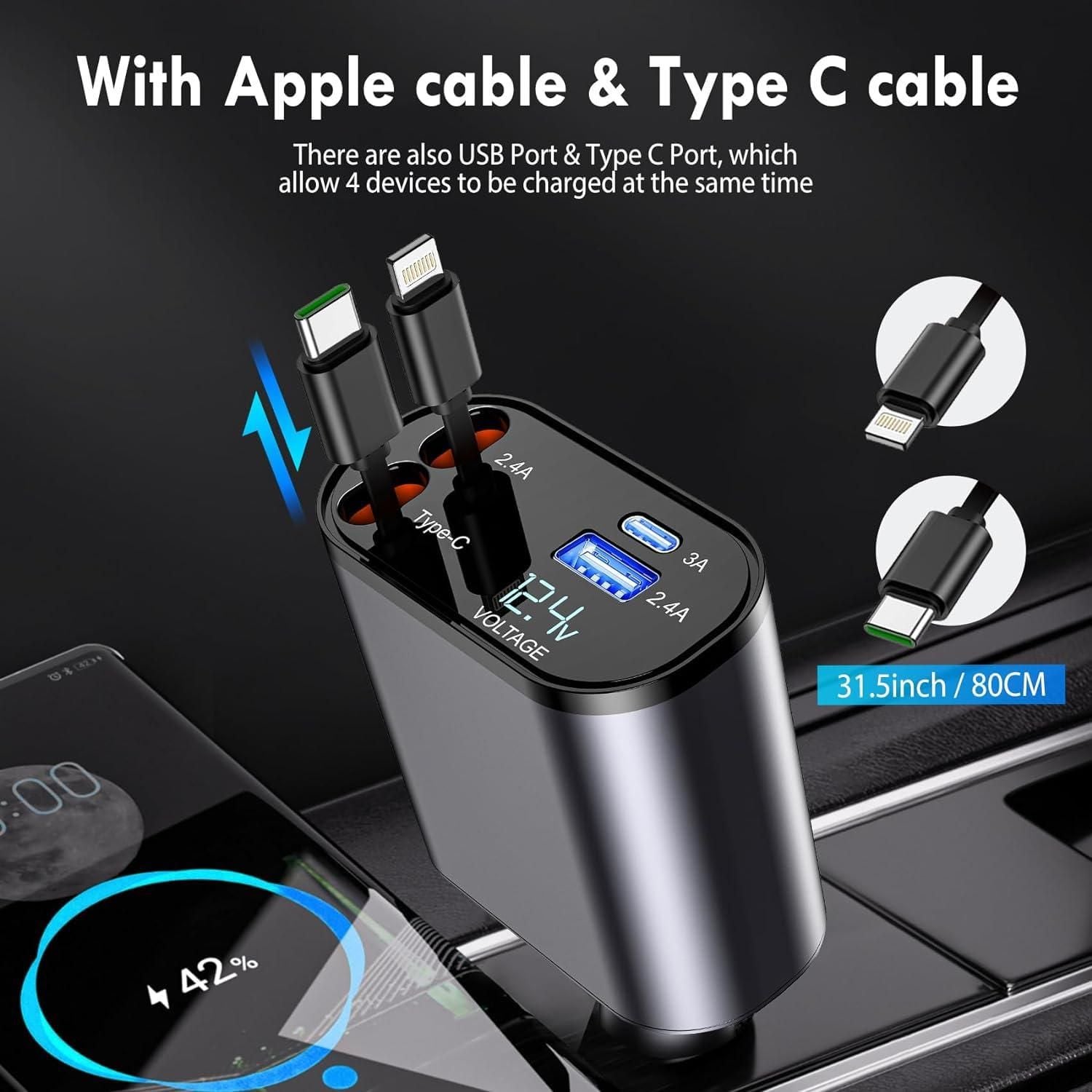 4 in 1 Retractable cables | 2 Type-C and iOS Fast Charging Car Phone Charger