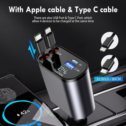 4 in 1 Retractable cables | 2 Type-C and iOS Fast Charging Car Phone Charger