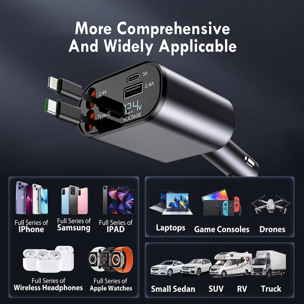 4 in 1 Retractable cables | 2 Type-C and iOS Fast Charging Car Phone Charger