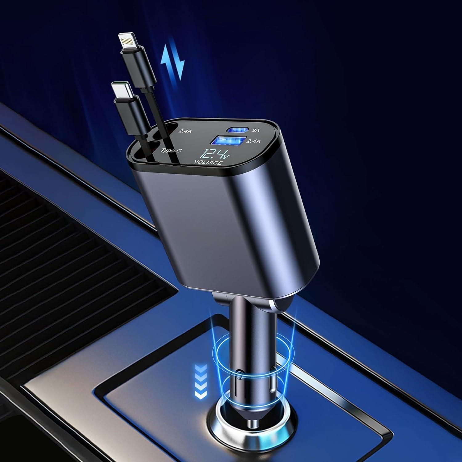 4 in 1 Retractable cables | 2 Type-C and iOS Fast Charging Car Phone Charger