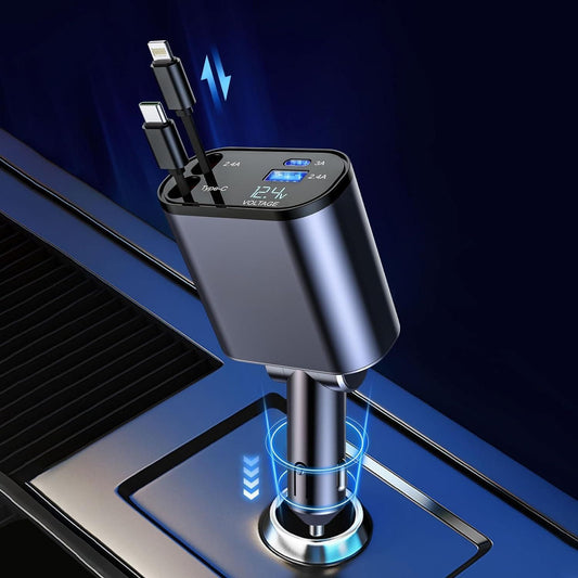 4 in 1 Retractable cables | 2 Type-C and iOS Fast Charging Car Phone Charger